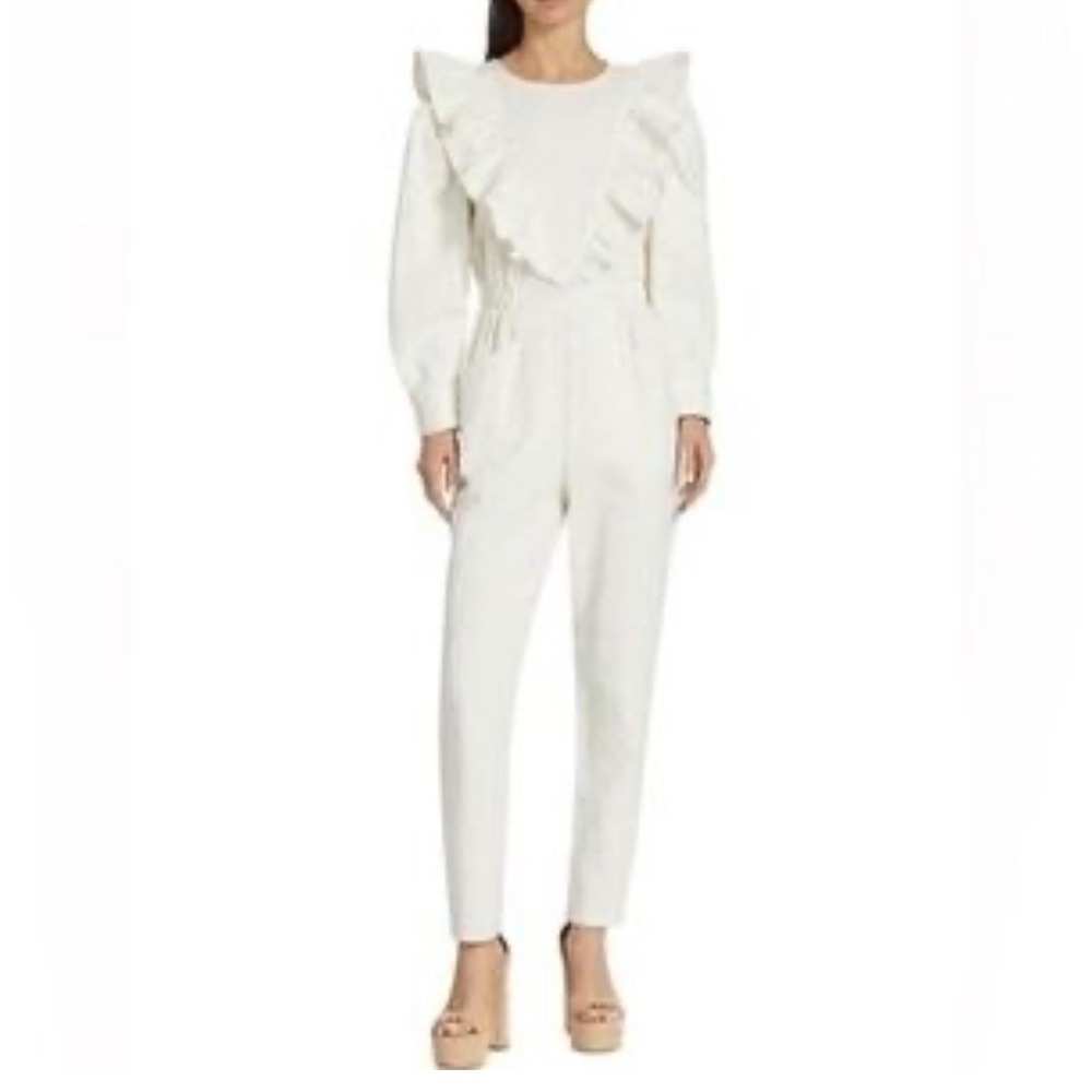 EN SAISON Emmie Ivory Ruffle Jumpsuit M Embroiedered Bridal Shower Engagement